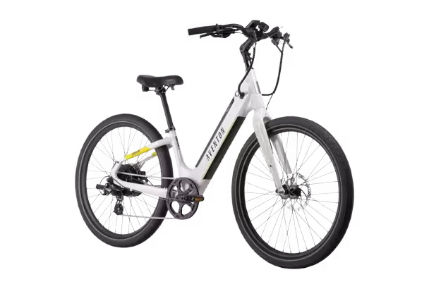 White Aventon Pace 500.3 Step Through Electric Bike: Side front view