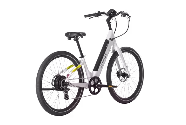White Aventon Pace 500.3 Step Through Electric Bike: Side rear view