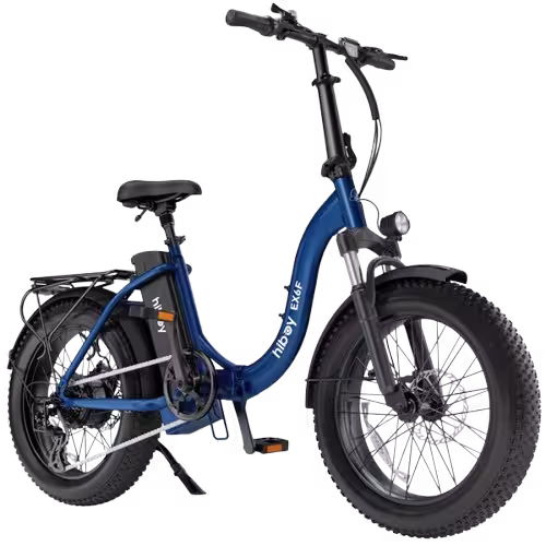 Hiboy model EX6F folding electric assist ebike finished in blue, viewed from the front drive side