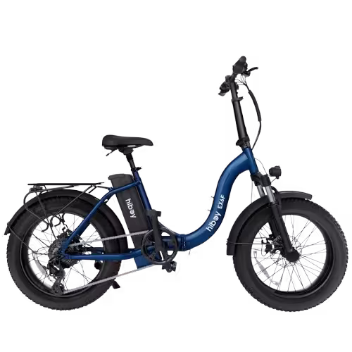 Hiboy model EX6F folding electric assist ebike finished in blue, viewed from the drive side