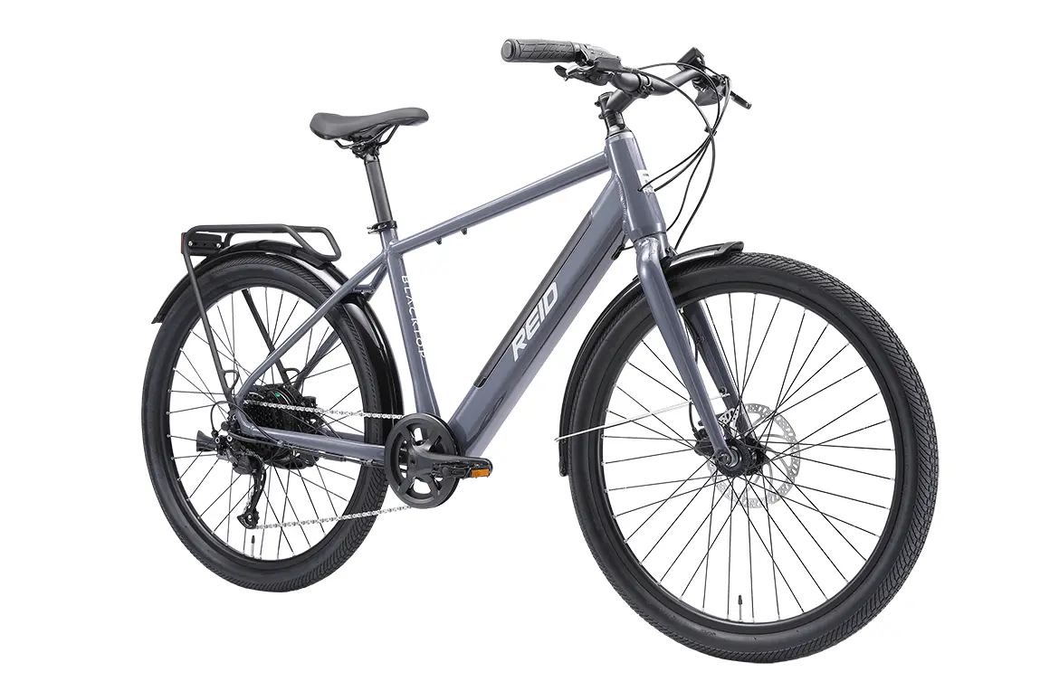Reid Blacktop 1.0 USA MY24 electric bike in Charcoal, angled view