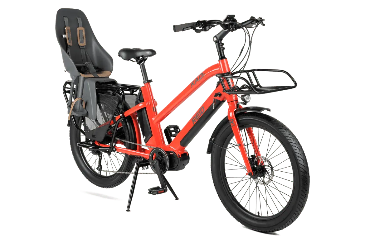 Orange Reid KADe cargo electric bike with optional passenger seat shown