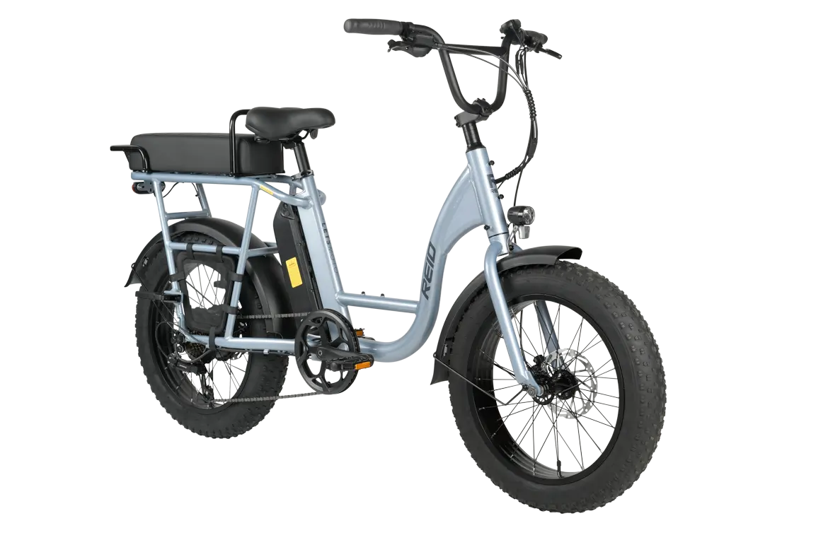 Grey Reid Let's Moto USA 500W electric bike, angled view