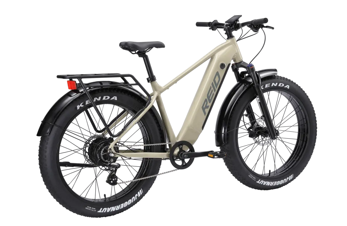 Reid Tracker 1 MY24 fat-tire electric bike in Tan, angled view