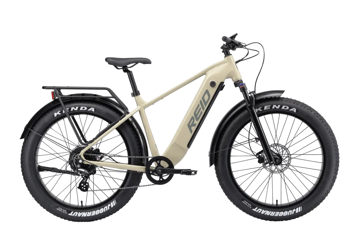 Reid Tracker 1 MY24 fat-tire electric bike in Tan, side view