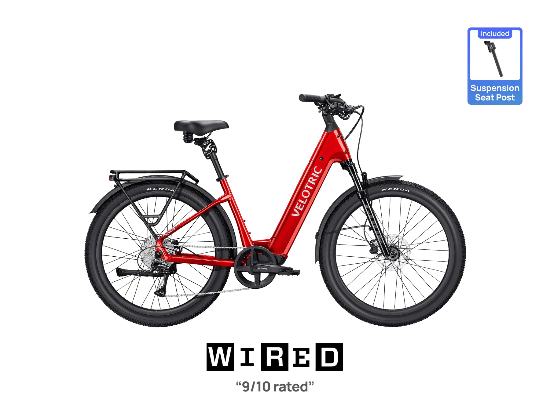 Cherry Crimson Velotric Discover 3 commuter electric bike, angled view