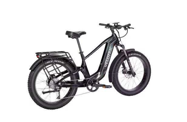 Velotric Nomad 2x Full Suspension Step-Over Fat Tire Electric Bike finished in Obsidian: side-rearview