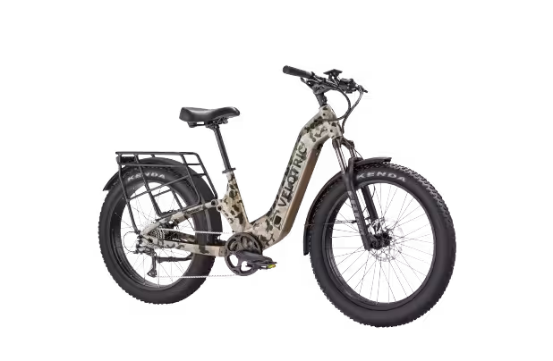 Velotric Nomad 2x Full Suspension Step-Thru Fat Tire Electric Bike finished in Camo Print: side-frontview