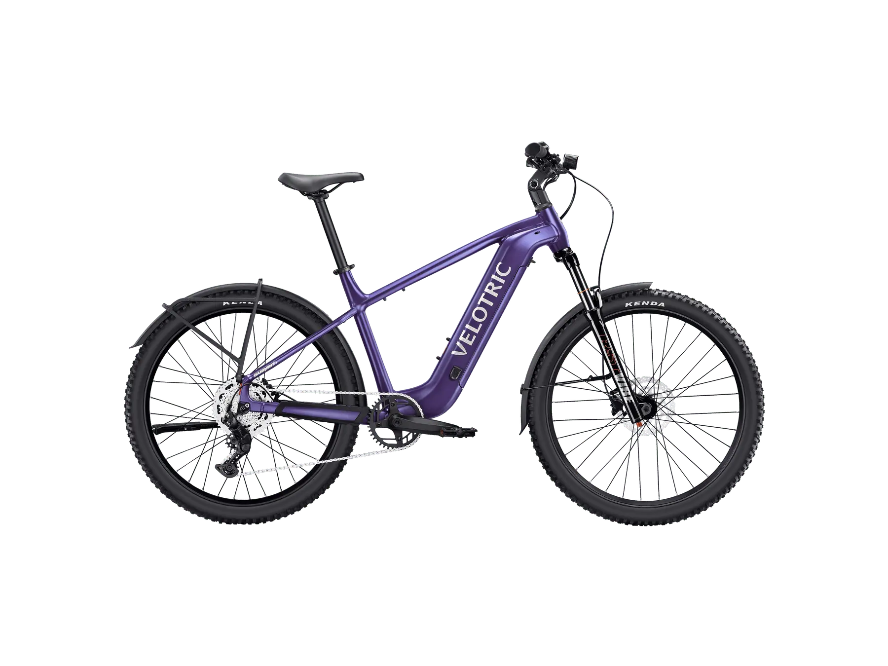 Galaxy Purple Velotric Summit 2 step-over electric bike, angled view