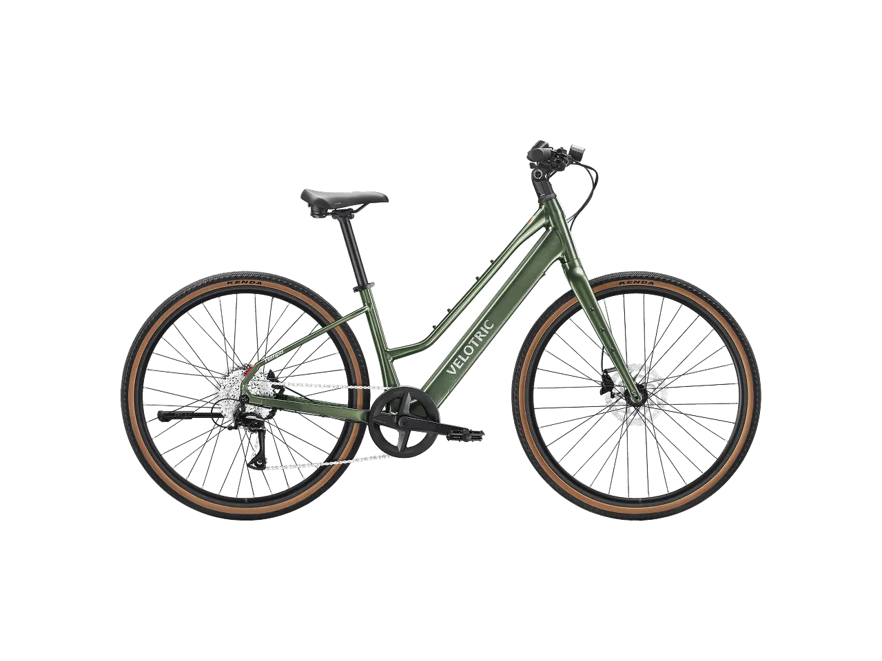 Forest Evergreen Velotric Tempo Mid-Step electric bike, angled view