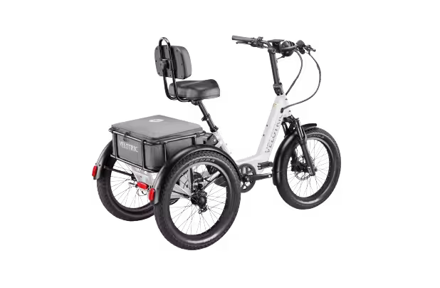 Velotric Triker Step-Thru Folding Electric Trike finished in Pearl White: side-rear view